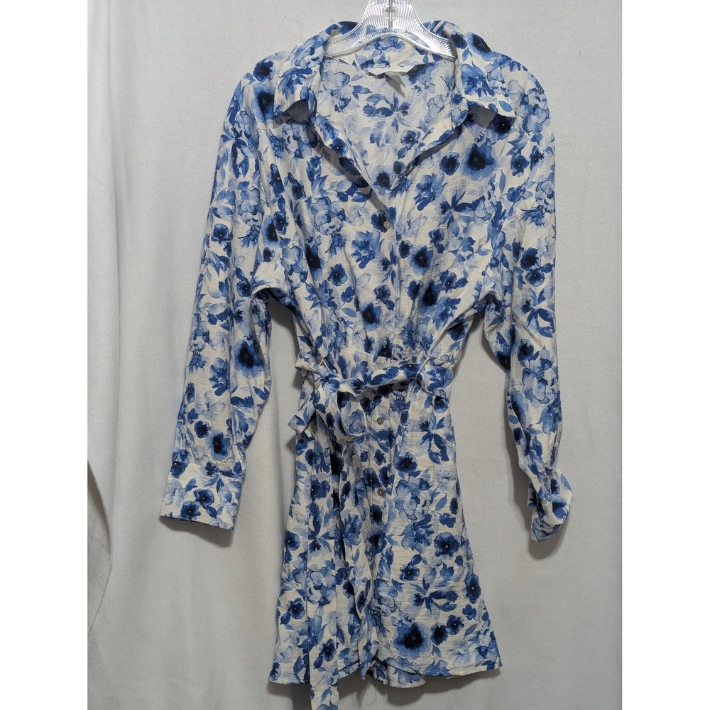 HM Blue Floral Long Sleeve Button Down Belted Shirt Dress Womens Medium